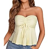 Tube Tops for Women Strapless Tie Front Ruched Tops Peplum Flared Hem Casual Bandeau Top