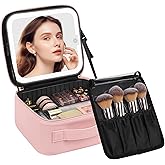 Chomeiu Makeup Bag with LED Mirror, Cute Cosmetic Bags Birthday Gifts for Girls Women, Makeup Train Case Artists Organizer Large Make Up Bags with Light Up Mirror 3 Color Lights, Pink
