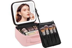 Chomeiu Makeup Bag with LED Mirror, Cute Cosmetic Bags Birthday Gifts for Girls Women, Makeup Train Case Artists Organizer Large Make Up Bags with Light Up Mirror 3 Color Lights, Pink