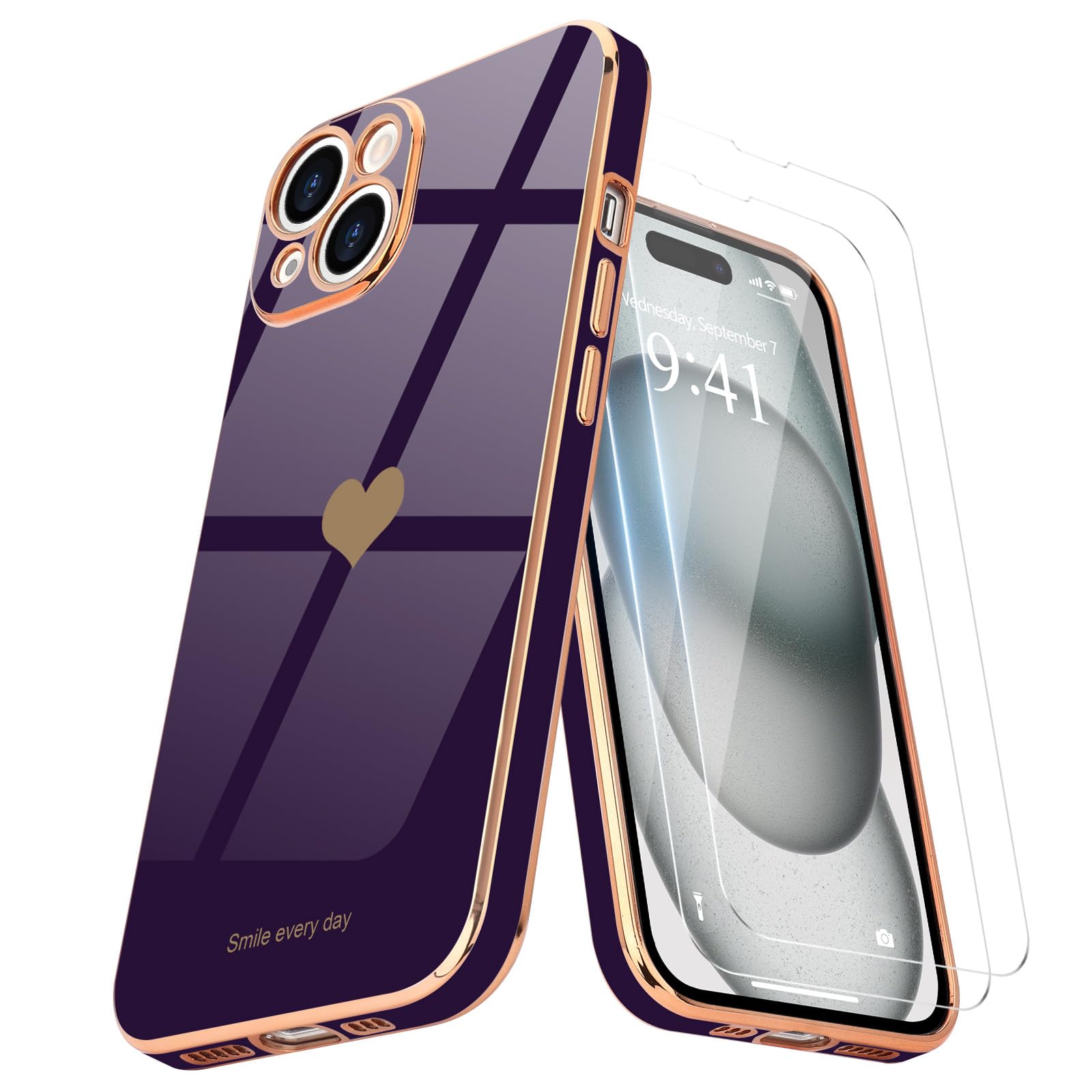Teageo for iPhone 15 Plus Case with 2 Screen Protector Heart Pattern for Women Girls Luxury Bling Plating Soft TPU Anti-Scratch Shockproof Bumper Phone Case for iPhone 15 Plus, Dark Purple — image 1