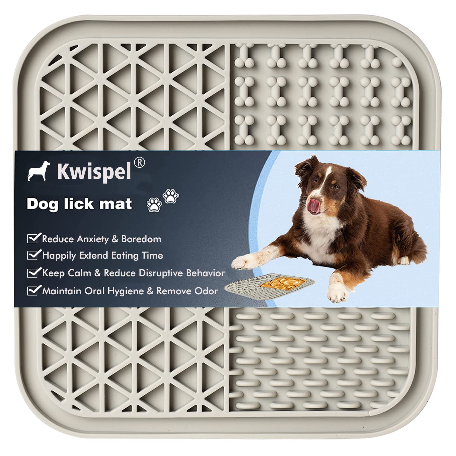 Photo 1 of Kwispel Lick Mat for Dogs, Dog Lick Mat with Suction Cups for Anxiety, Peanut Butter Dog Licking Mat Slow Feeder Dispensing Treater Lick Pad for Dogs Cats Grooming Bathing and Training (Grey)