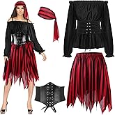 Newcotte Pirate Costume Women Adult Renaissance Blouse Top Corset Waist Belt Pirate Skirt Medieval Womens Outfit Halloween