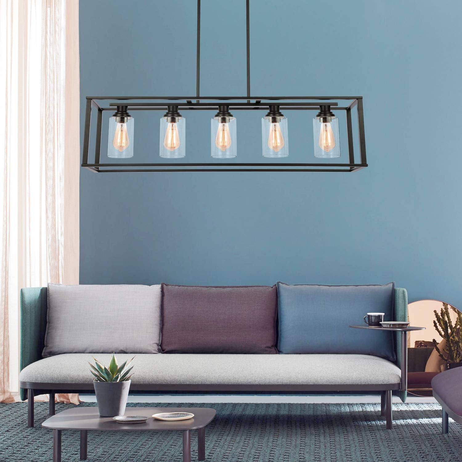 LUBURS Kitchen Island Lighting - 5 Lights Chandelier, Black Pendant Lighting with Metal Adjustable Rods&Clear Glass Shade, Vintage Pendant Ceiling Lamp for Dining Room Kitchen Living Room Farmhouse - - 