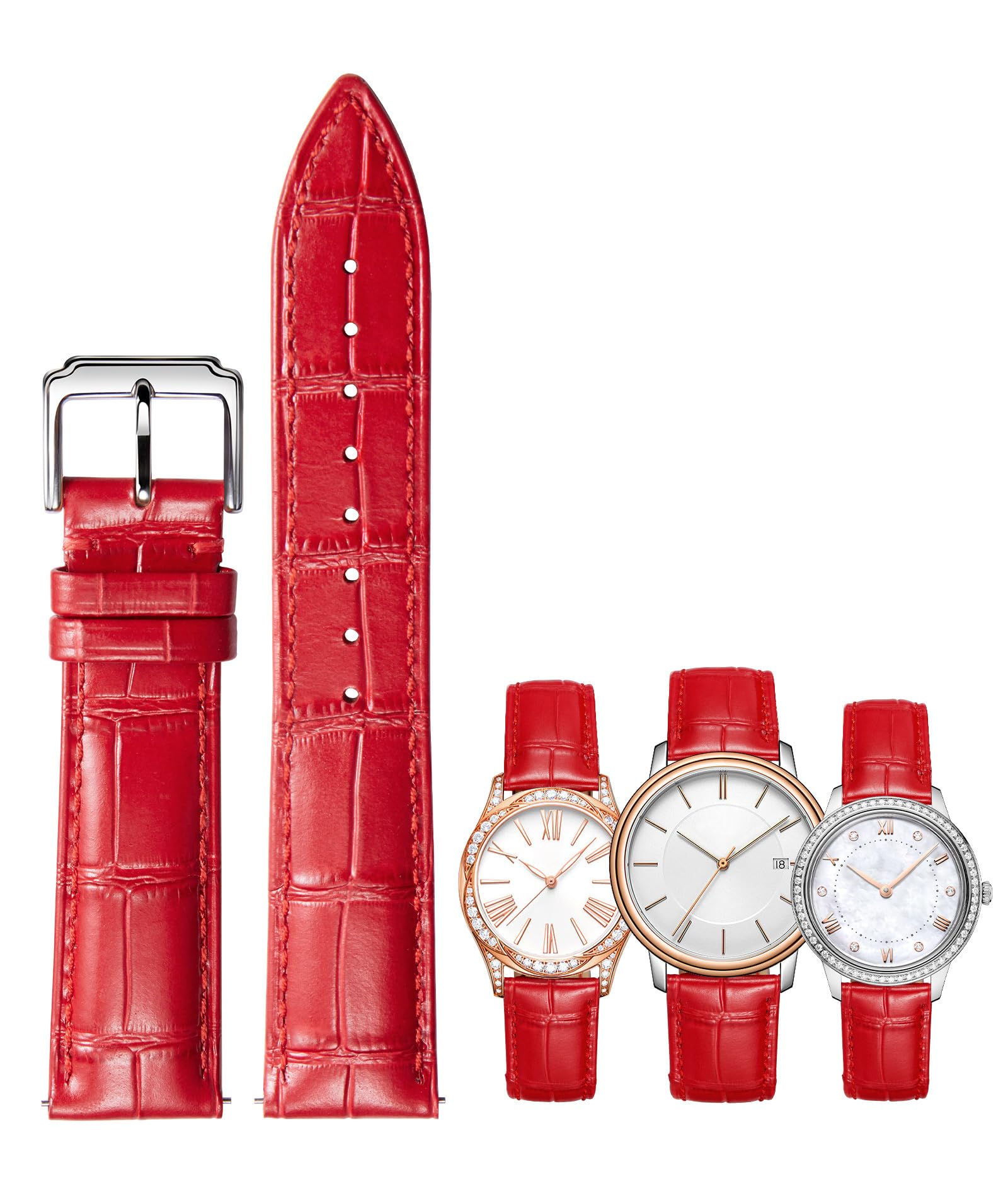 BINLUN Leather Watch Strap Quick Release Replacement Crocodile Leather Watch Bands for Men Women (Red, 22mm)