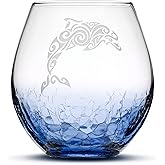 Integrity Bottles Tribal Dolphin Design Stemless Wine Glass, Handmade, Handblown, Hand Etched Gifts, Sand Carved, 18oz (Crackle Blue)