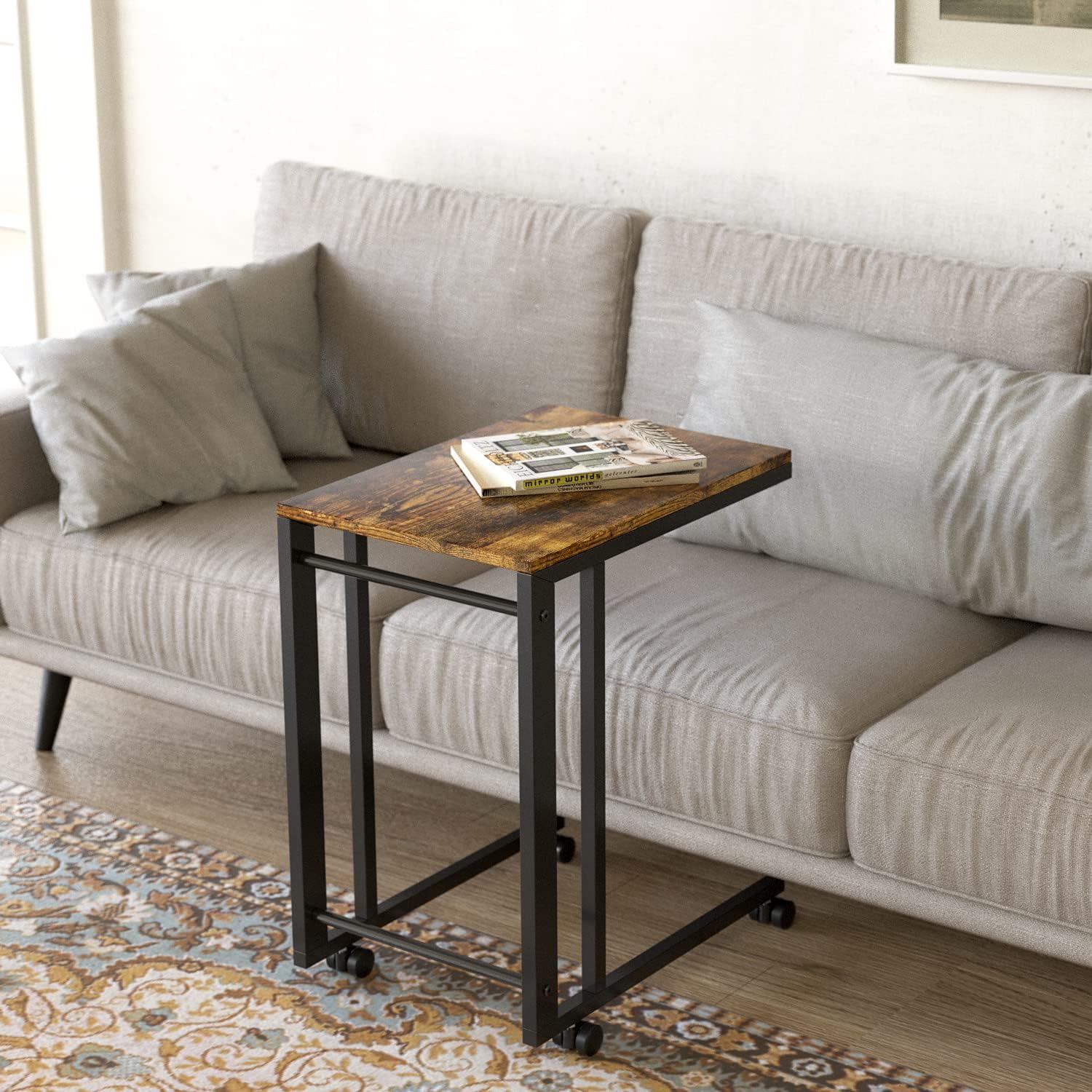 J JACKCUBE DESIGN Side End Tables with Rolling Casters, Vintage Couch Table for Coffee Laptop Tablet, with Steel Frame & Wheels, C Shaped Table for Living Room, Bedroom, Rustic Brown- MK515A: Kitchen & Dining