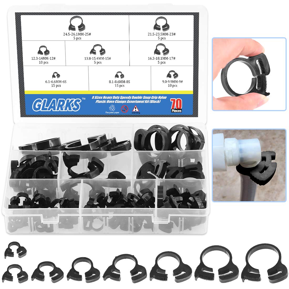 Glarks 70Pcs 8 Size Heavy Duty Black Double Gripping Nylon Hose Clamps Set, 6.6-27.2mm Plastic Snap Ratcheting Clamps Assortment Kit (Black 70Pcs)