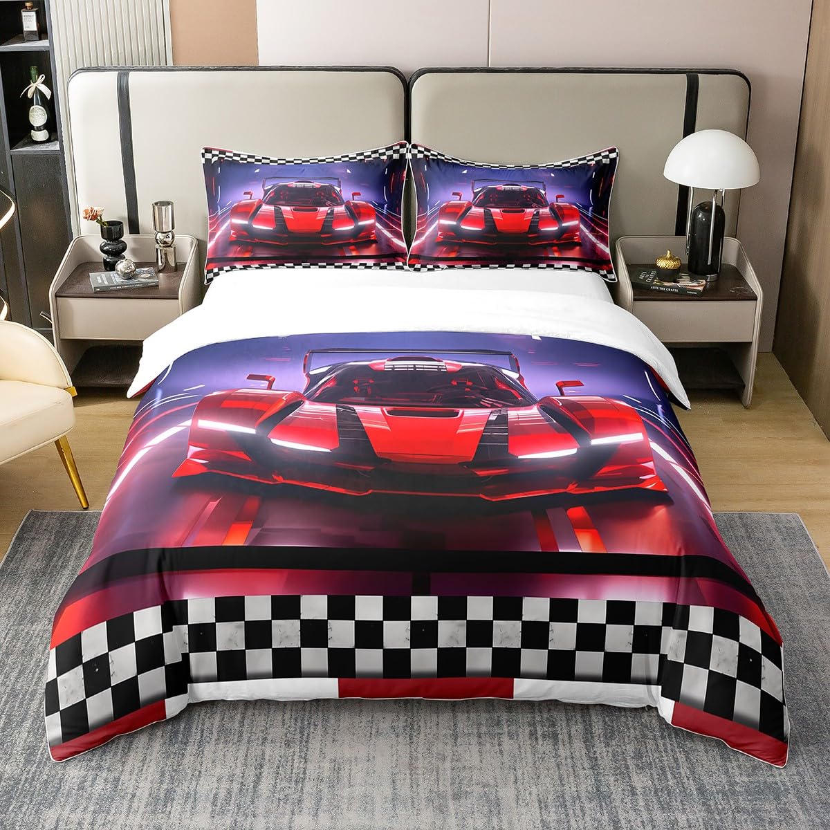 Homemissing Race Car 100% Cotton Duvet Cover Cool Speed Racing Car Bedding Set for Kids Boys Girls Home Decor Automobile Extreme Sport Comforter Cover Set Black White Grid Quilt Cover Single