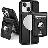 SkyEagle Compatible with MagSafe iPhone 14 Case Wallet with AirTag Holder,2 in 1 PU Leather Magnetic Detachable RFID Blocking Credit Card Holder Flip Cover Kickstand for Men Women,Black
