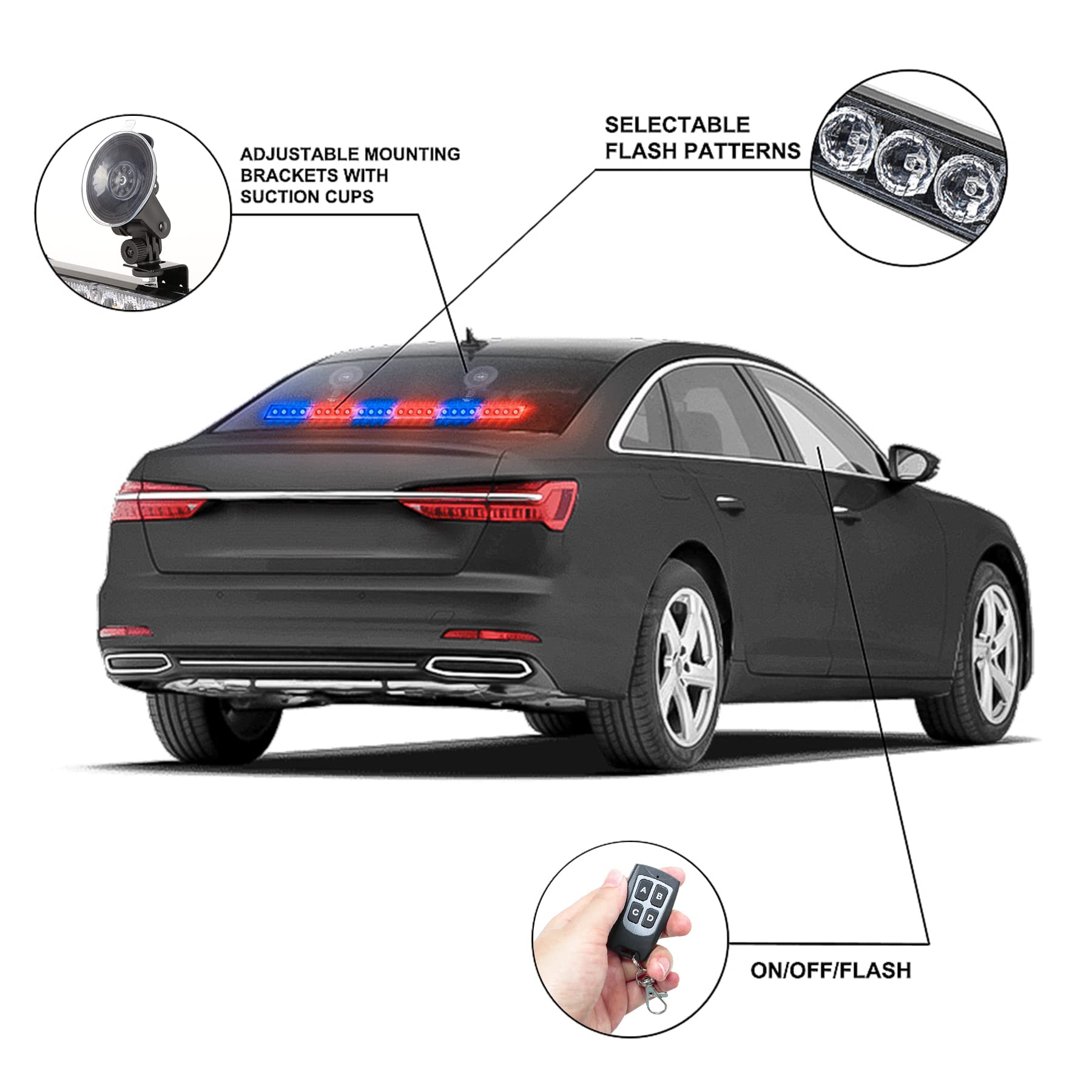 TeddyTT Red Blue Strobe Police Lights Bar Directional Traffic Advisor Warning Strobe Vehicle Visor Cop Light Bar Vehicles Suction Bracket 27 Inch 6 Panel Led Wireless Remote Control