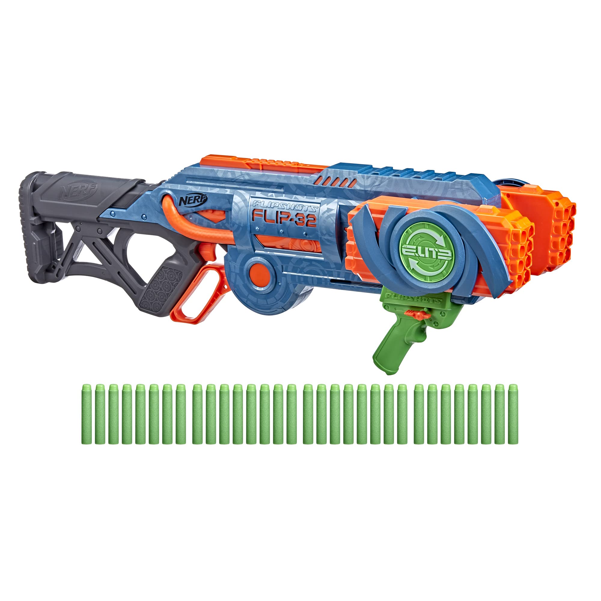 Nerf Elite 2.0 Flipshots Flip-32 Blaster con 32 barriles de dardos que giran para duplicar tu potencia de fuego, capacidad de 32 dardos, 32 dardos Elite