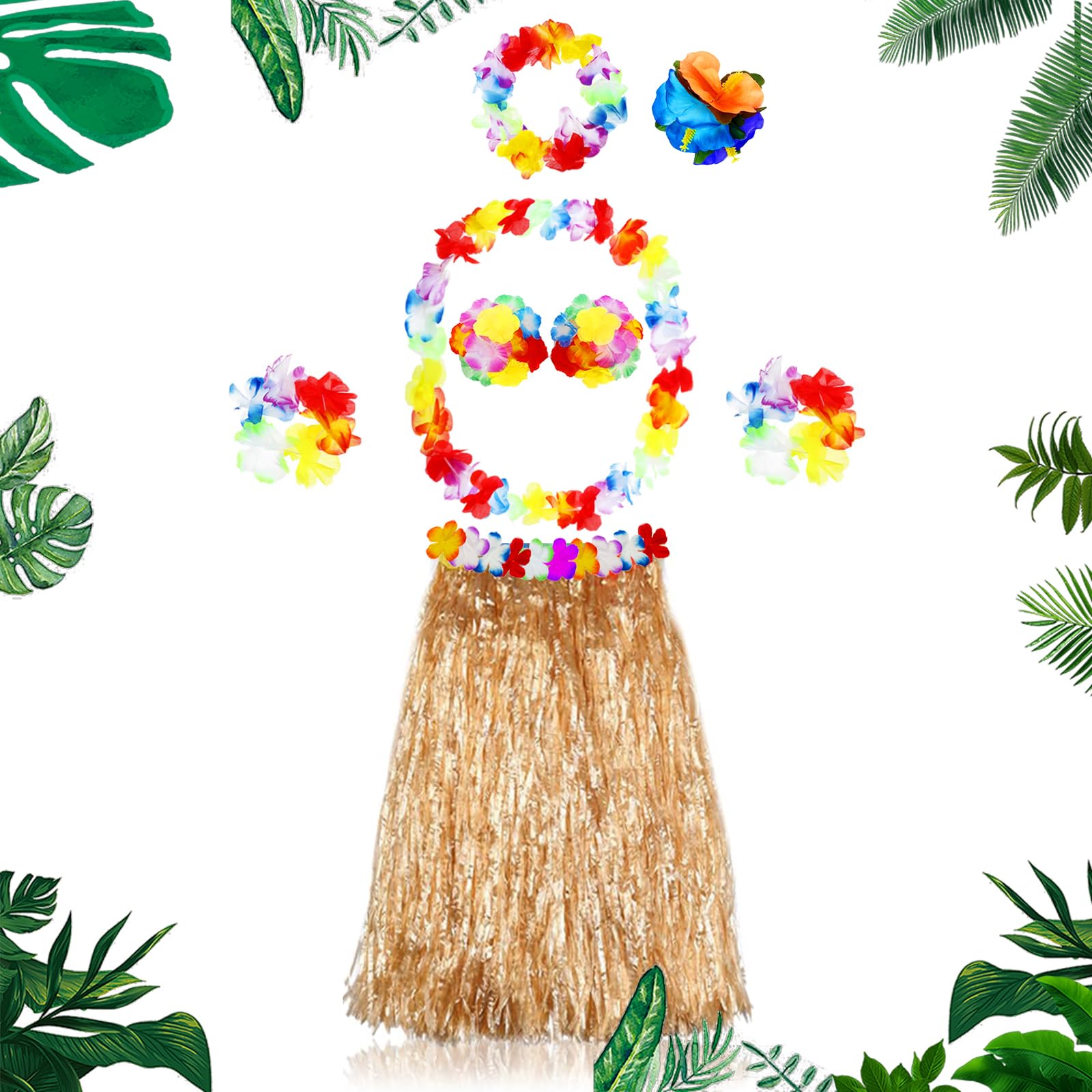 Photo 1 of Hawaiian Hula Grass Skirt for Party Outfits Kids Adult Flowers Costume for Luau Tropical Beach Party Decor Hawaiian Hula Grass Skirt Matching Elastic Flowers Kids Adult Set for Luau Beach party(straw)