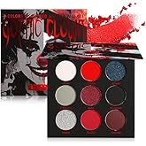 Black Red Eyeshadow Palette Goth Clown Halloween Makeup, White Silver Glitter Metallic Red Black Eyeshadow Palette Highly Pig