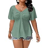 Eytino Womens Plus Size Tops Sweetheart Neck Short Sleeve Eyelet Embroidery Summer Loose Peplum Shirts(1X-5X)