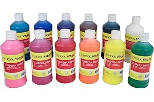 School Smart Tempera Paints for School and Arts and Crafts Use, 16 Ounces Each, Assorted Colors, Set of 12