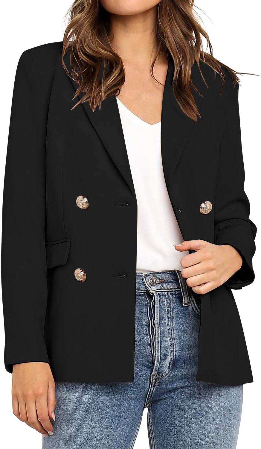 Utyful Women’s Casual Notched Lapel Double Breasted Button Pocket Work Office Blazer Jacket