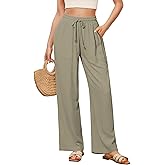 GRAPENT Linen Pants for Women Wide Leg High Waisted Baggy Drawstring Elastic Waist Palazzo Trousers Pants with Pockets
