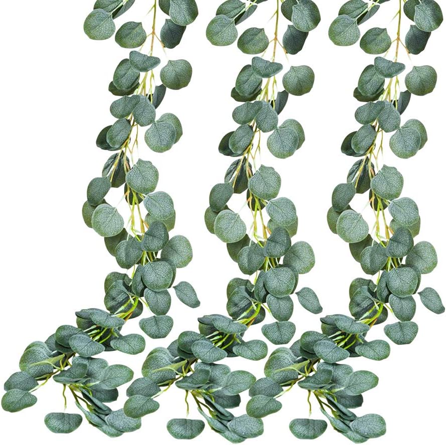 fixinus 3 Pack Artificial Eucalyptus Garland with Greenery Ribbon, 3 Feet Hanging Eucalyptus Vines Faux Foliage for Wedding Backdrop Wall Flower Décor