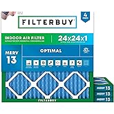 Filterbuy 24x24x1 Air Filter MERV 13 Optimal Smoke & Allergy Defense (4-Pack), Electrostatic Pleated HVAC AC Furnace Filters Replacement, Made in USA (Actual Size: 23.38 x 23.38 x 0.75)