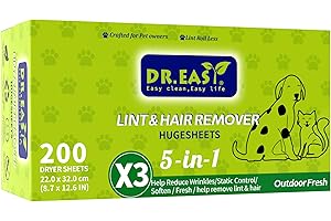 Dr.Easy LINT & HAIR REMOVER Pet HUGESHEETS with 3X Dryer Sheets, Outdoor Fresh, 200 Count,PLANT&MINERAL-BASED FORMULA