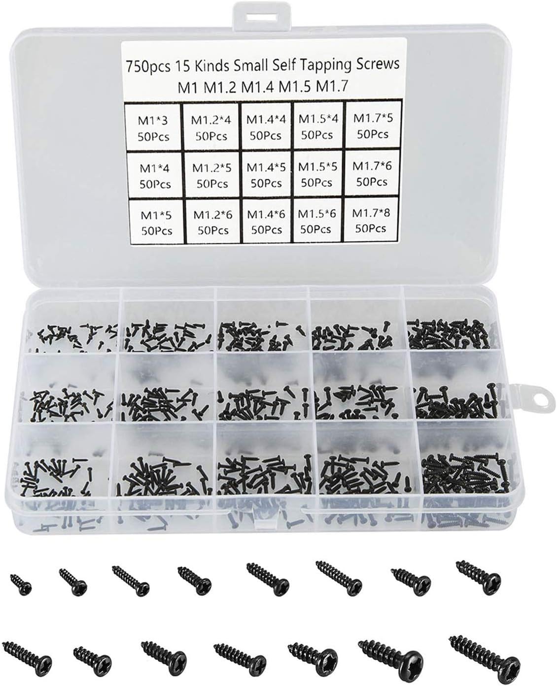 FandWay 750pcs 15 Kinds M1 M1.2 M1.4 M1.5 M1.7 Phillips Rounded Head