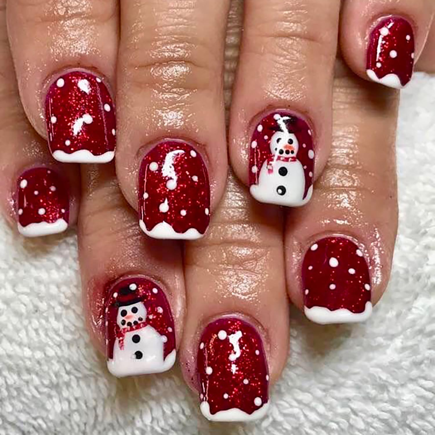 Photo 1 of 24Pcs Christmas Fake Nails Square Short Press On Nails Red Acrylic Nails Press Ons Winter False Nails With Cute Snowman Designs Full Cover Glue On Nail Christmas Stick On Nail For Women