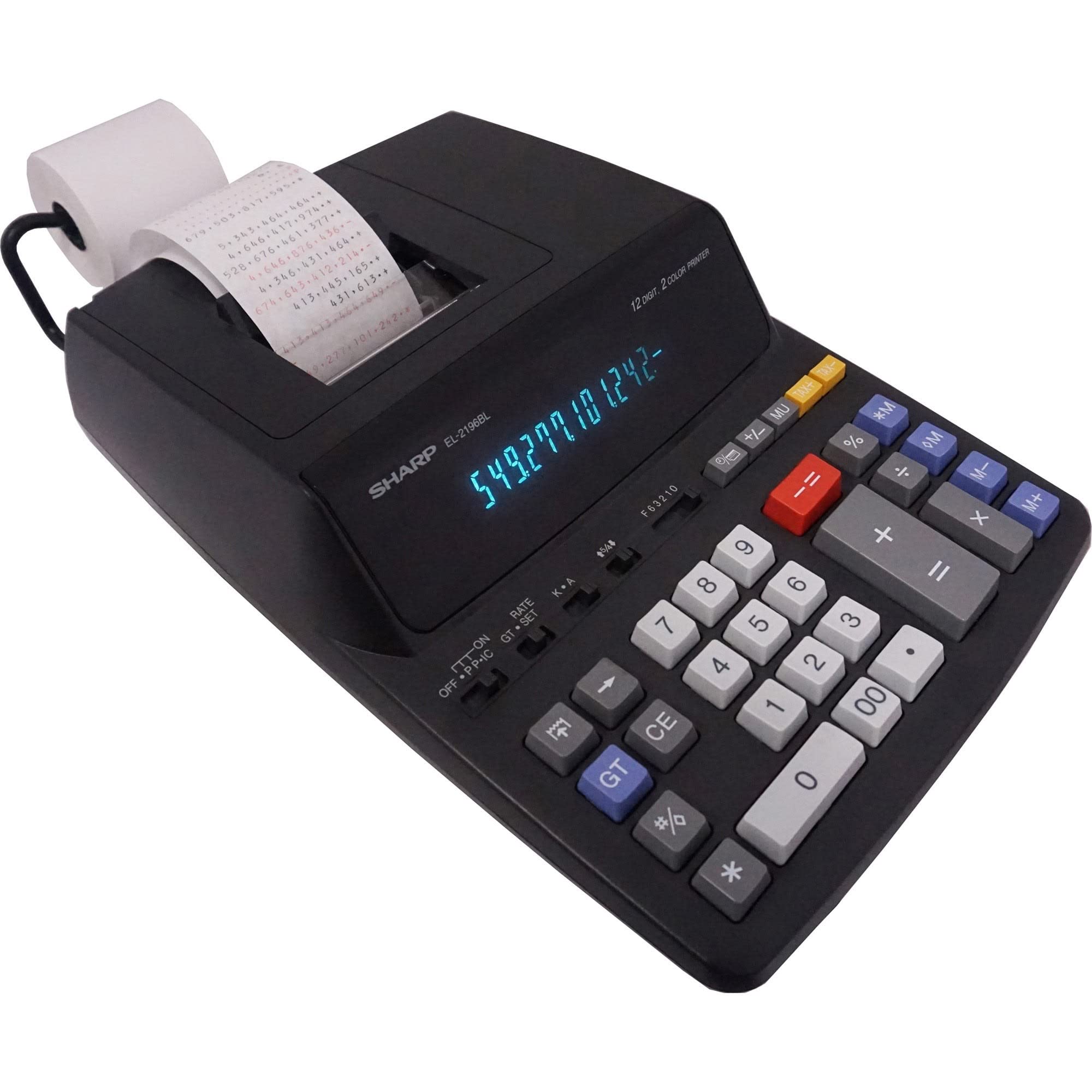 Sharp 12-Digit Print Calculator Desktop Size Adding Machine, Perfect for Everyday Use and Office, Bright, Large Easy-to-Read Numbers on Both The Display and The Two-ColorPrinted Tape (EL2196BL)