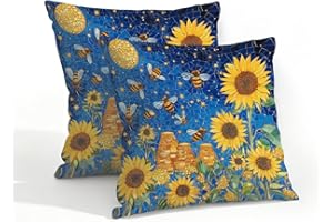 Ivolege Bees Sunflowers Sky Art Waterproof Pillow Covers 18x18 Set of 2, Outdoor Throw Pillow Covers for Patio, Invisible Zip