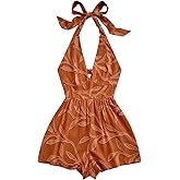 SweatyRocks Women's Deep V Neck Cutout Open Back Halter Boho Rompers Textured Shorts Jumpsuit Playsuit