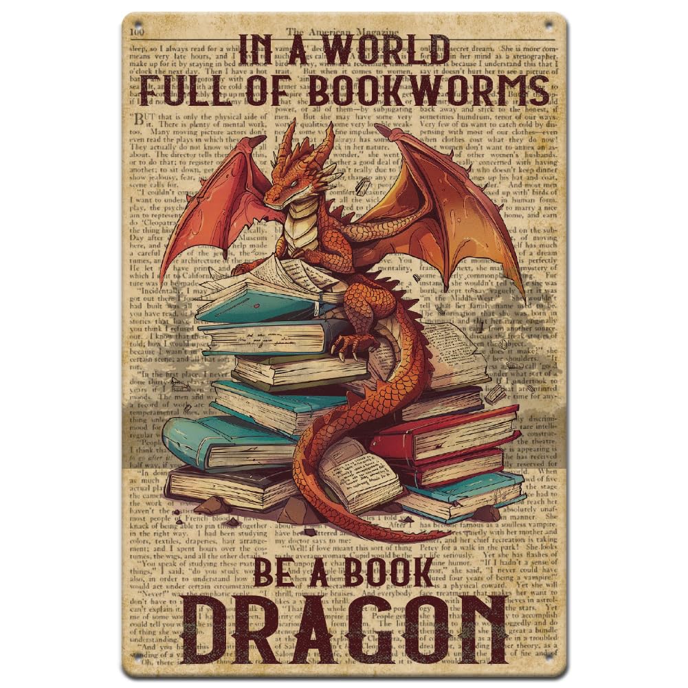 SUPERDANT Dragon Read Books Metal Sign Funny Reading Sign Wall Art Plaque 20x30cm Aluminum