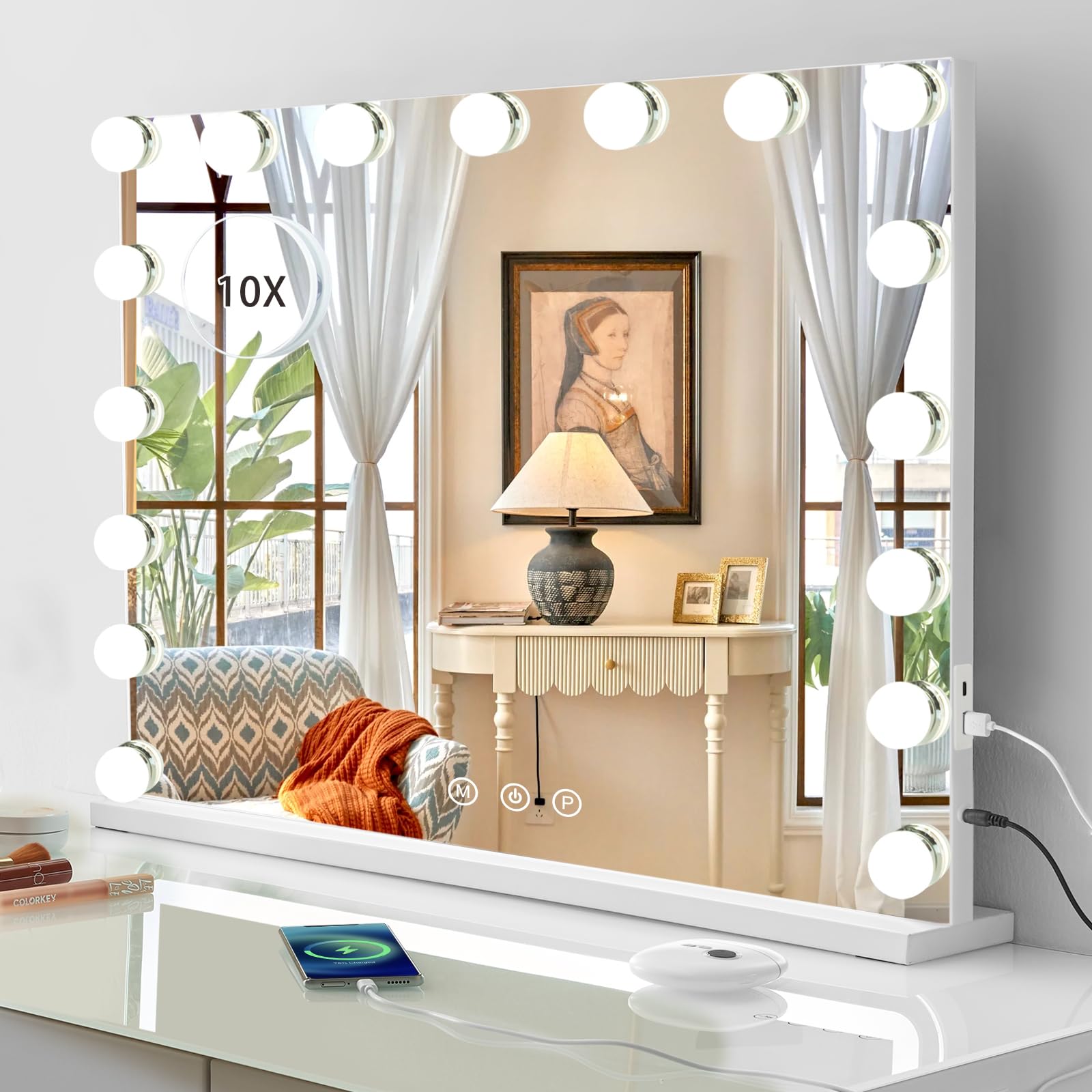 Hollywood Makeup Mirror,Large Vanity Mirror with Lights Dimmable LED Bulbs Touch Control Design Cosmetic Mirror Tabletop Mirror for Bedroom Dressing Room 17 Bulbs (80 * 62cm)