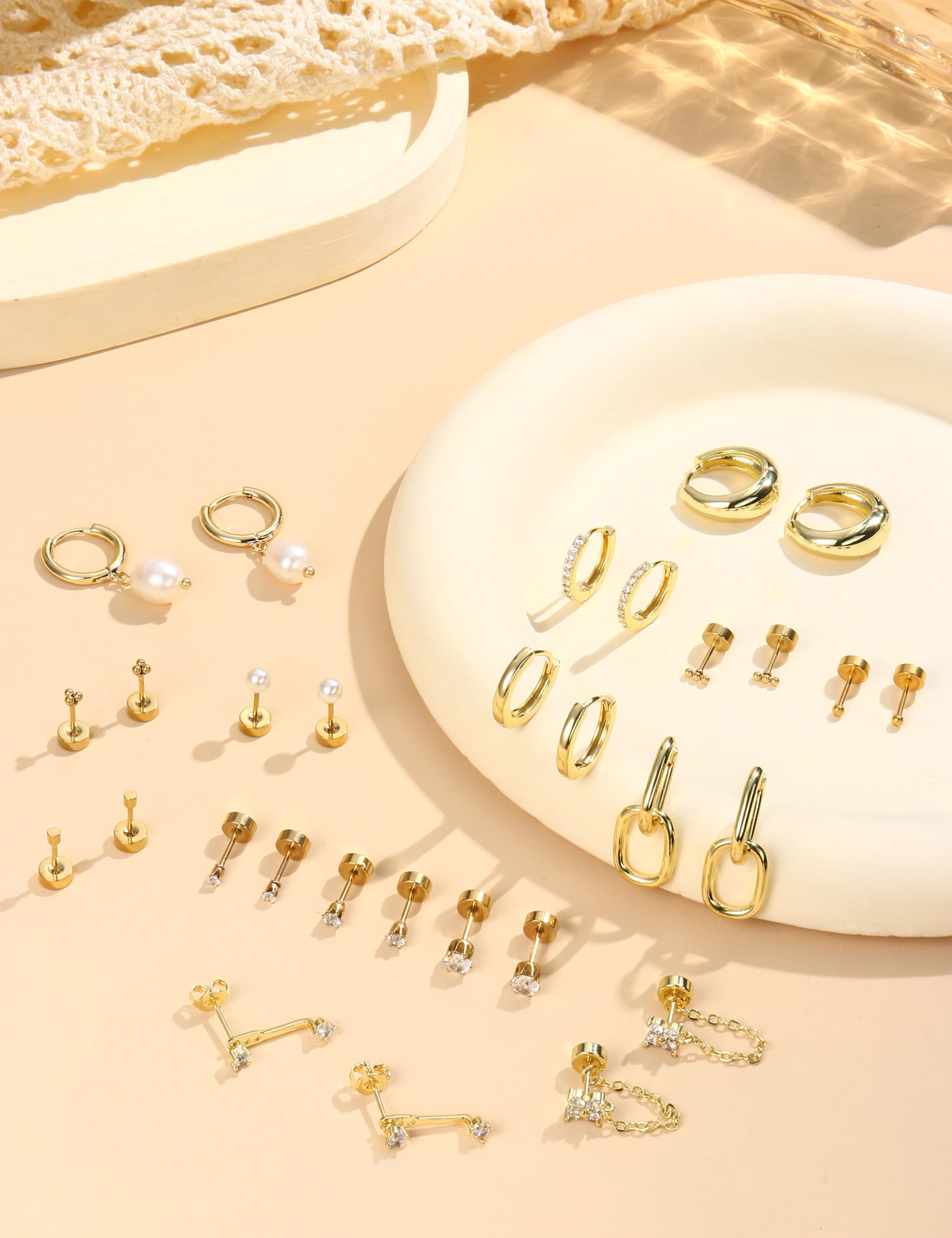 LOLIAS Flat Back Earrings for Women Hypoallergenic Surgical Steel Earrings for Sensitive Ears-20G Cartilage Earring Stacks 14K Gold Plated Hoops Flatback Stud Earring Sets for Multiple Piercing