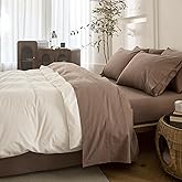 BDEAR 4PS Light Chocolate Brown Queen Size Bedding Set, Oeko-TEX Standard 100% Washed Cotton Linen Like Bedding Sheet Sets Cover Deep Pocket Fitted Sheet Plus Cozy Flat Sheet and 2 Pillowcases