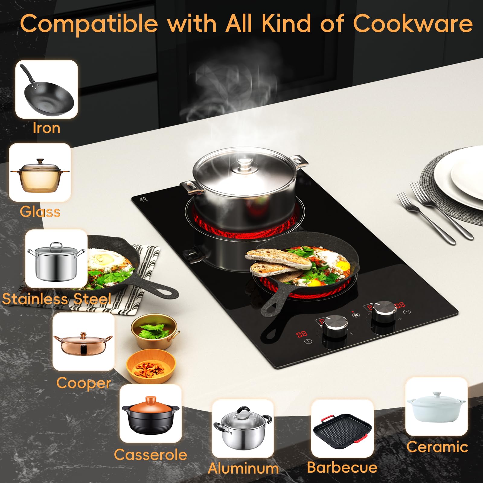 2 Burner Electric Cooktop 220-240V, 3000W Radiant Electric Stove Top with Built-in Design, 12 inch Knob Control Ceramic Cooktop with Safety Lock, 9 Level Power, Timer - Hard Wire