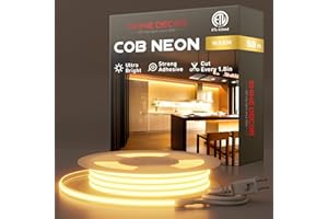 Shine Decor COB LED Rope Light AC 120V, 800lm Ultra Bright, IP65 Waterproof Cold-Resistant ETL Neon Strip, No Driver Tape Lighting for Home Commercial 10x4.5mm, 2800K Warm White, 50ft