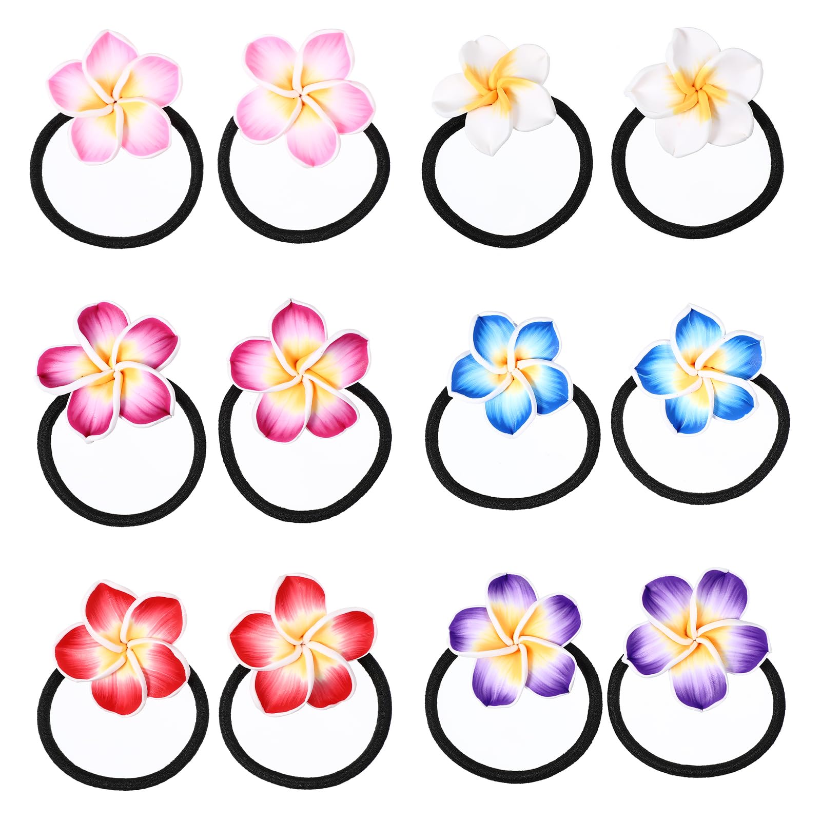 minkissy 12pcs Plumeria Hair Rope 4cm Hawaiian Elastic Hair Rope Ties Flowers Ponytails Bands Flower Beach HairRing for Women Girls Party (6 Colors)