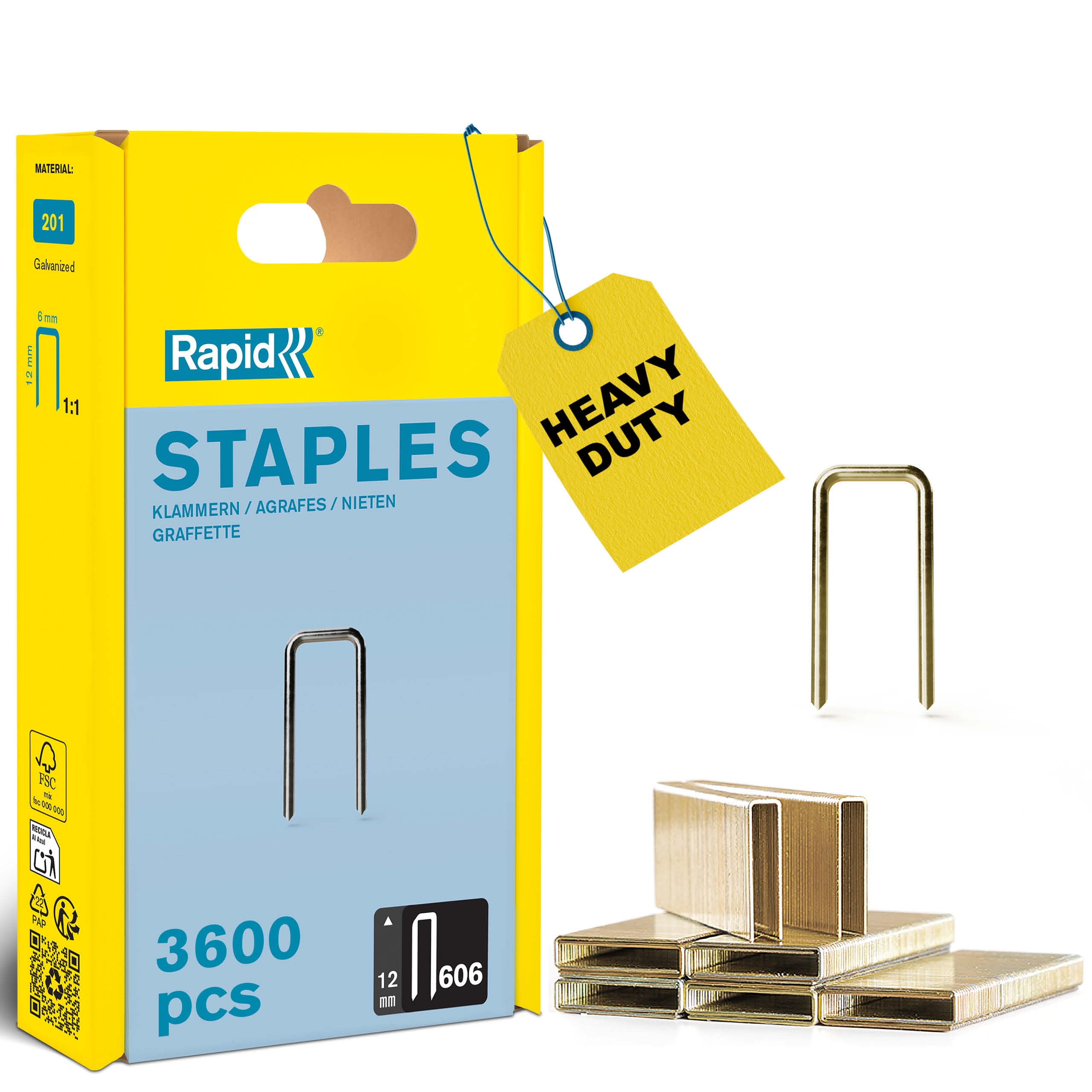 Rapid High-Performance Staples for Dense Materials, Narrow Crown No. 606, Leg Length 12mm, Staple Gun Staples, Resin-Coated Galvanised Steel, 3600 Pieces, Plastic Box (40303093)