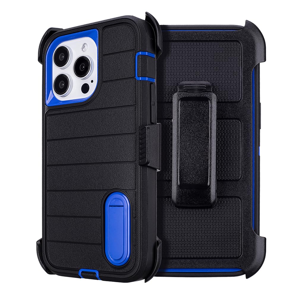 Yowtrey Phone Cases for iPhone 13 Pro Max Case Black with Belt Clip,3 Layers of Sturdy,Military Grade Shockproof ProMax Holster Protective Cases for Heavy Duty iPhone 13 Pro Max Phone Case Black Blue