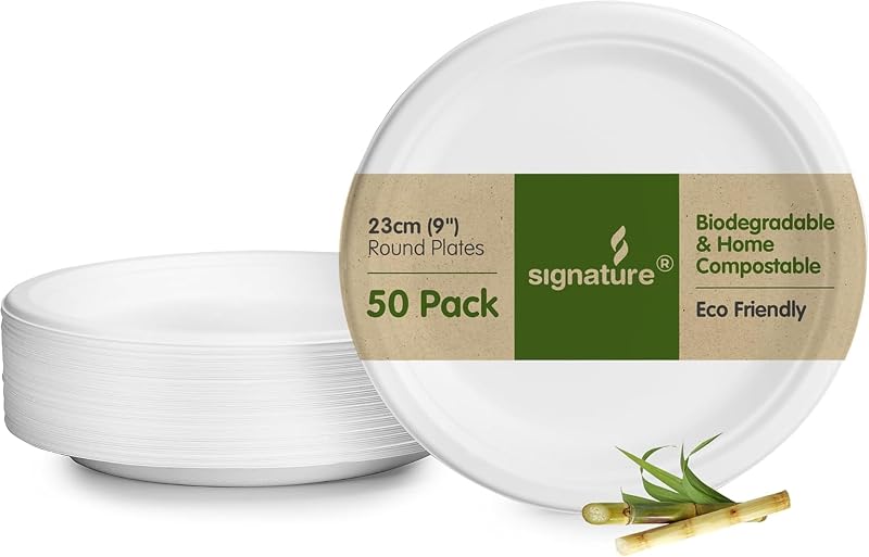 Signature Packaging 9 inch Round Paper Plates Bagasse Biodegradable 50