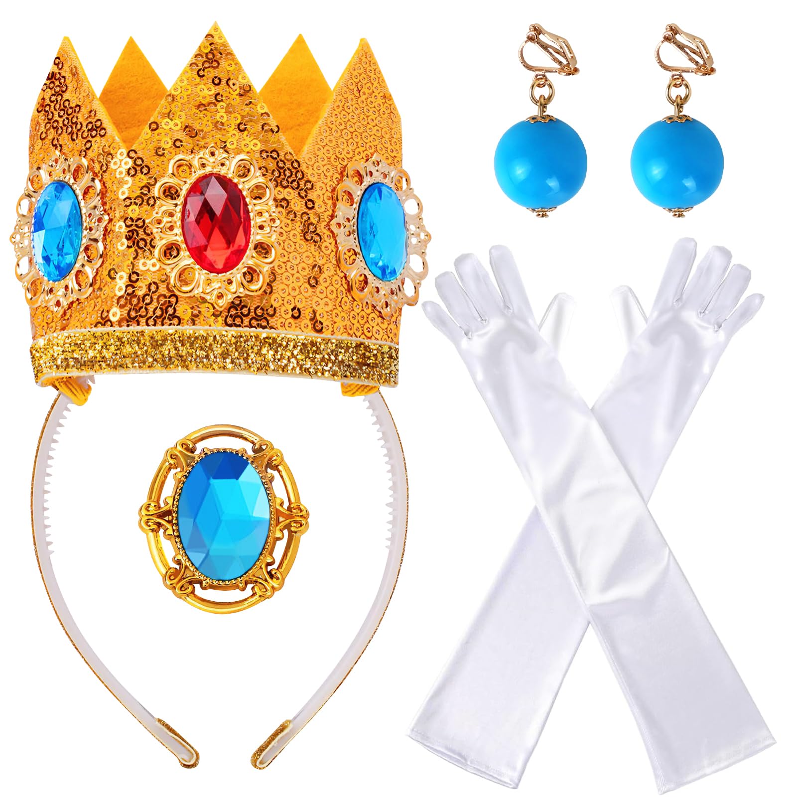 Goenb Princess Peach Costume Accessories, 4 PCS Set of Princess Peach Crown/Earrings/Gloves/Brooch Dress up for Women