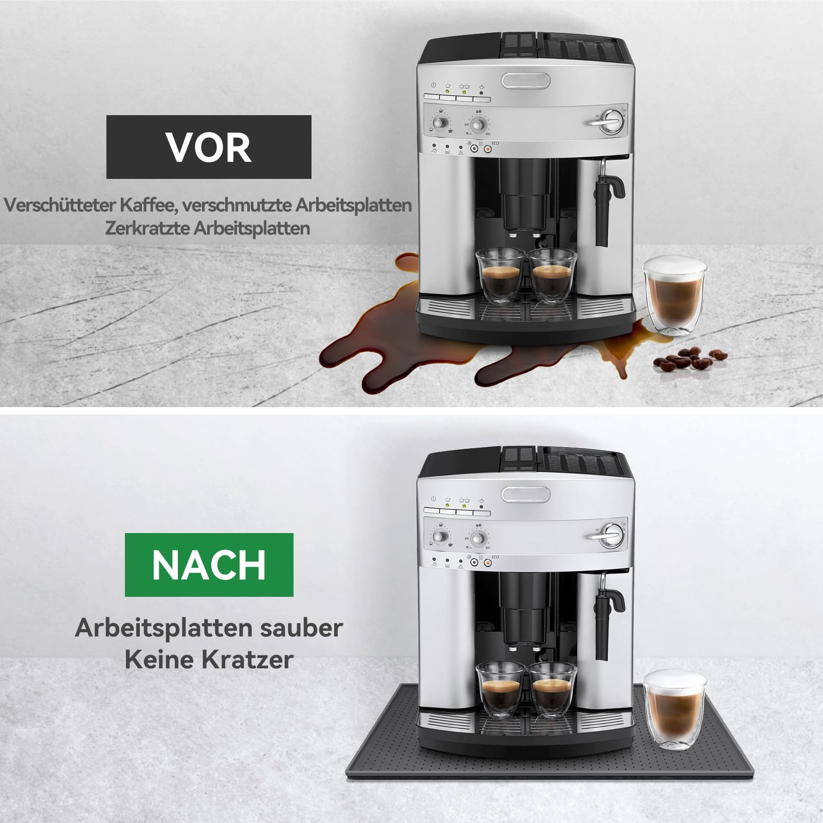 Inwee Unterlage für Kaffeemaschine, Silikonmatte für Kaffeevollautomat mit Rand, 48x30cm kompatibel mit De Longhi Magnifica, Philips LatteGo, Siemens EQ6, leicht zu verschieben (Grau) 4