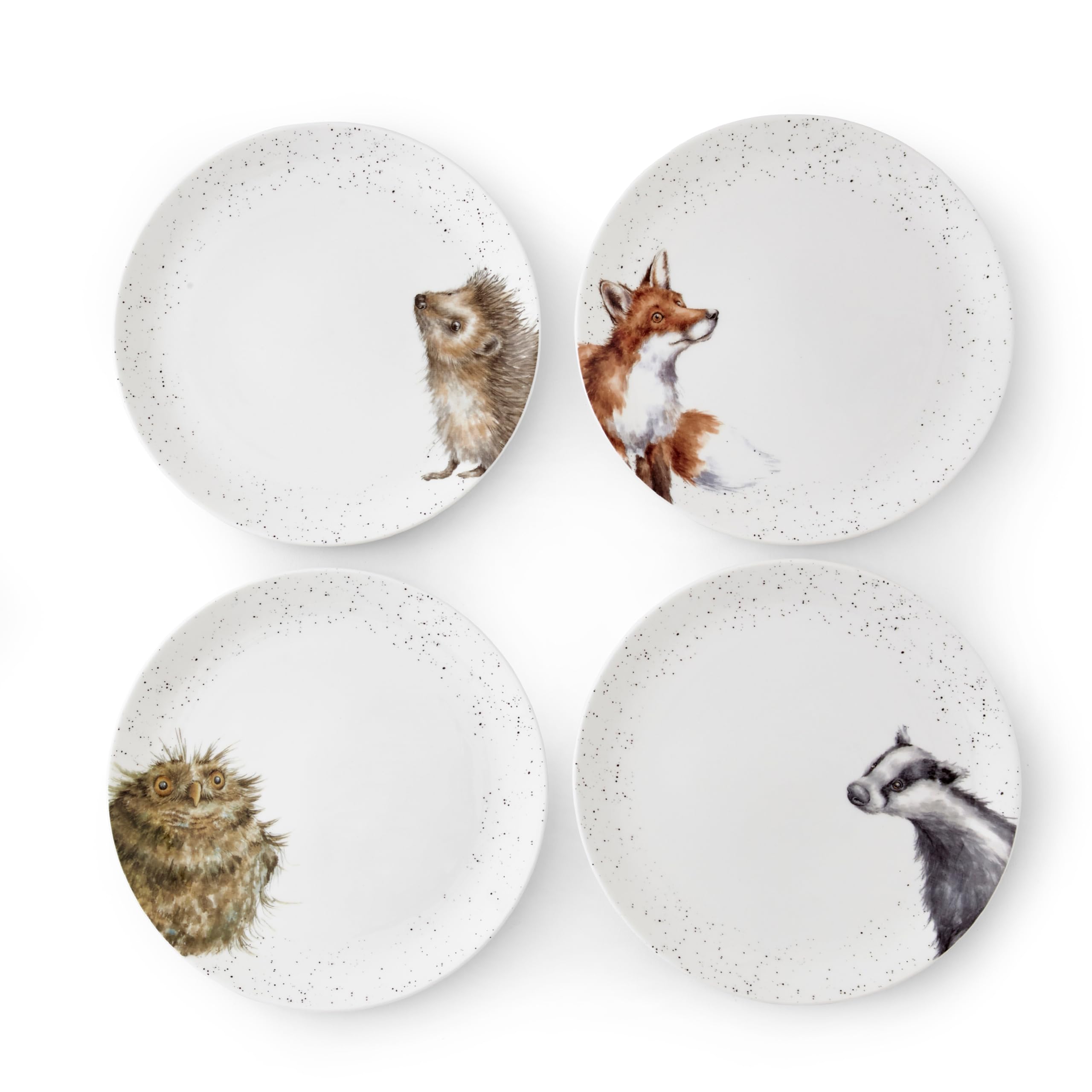Royal Worcester x Wrendale Designs Set of 4 Assorted Coupe Plates - Fine Bone China Dinner Plates Featuring Charming Animal Designs Including a Badger, Hedgehog, Fox, and Owl, 26cm