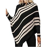 Milumia Women's Striped Mock Neck Knitted Poncho Sweater Dolman Long Sleeve Loose Tops