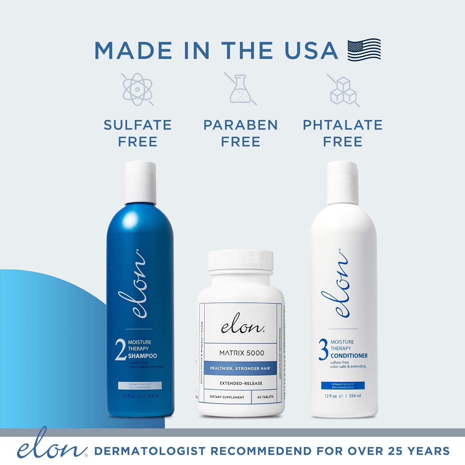Elon Thinning Hair System - Maintenance | Dermatologist Recommended | Elon Moisture Therapy Shampoo, Elon Moisture Therapy Conditioner, Elon Matrix 5000 Hair Vitamins (60 tablets): Beauty