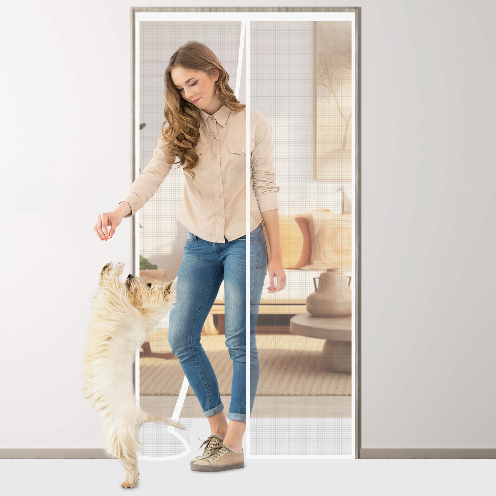 Flintronic Magnetic Fly Screen Door, 140x240cm Heavy Duty Mesh Curtain with Repair Subsidy, Fly Screens Doors Nets Patio Curtain Insect Mesh with Powerful Magnets & Full Frame Magic Tape, White