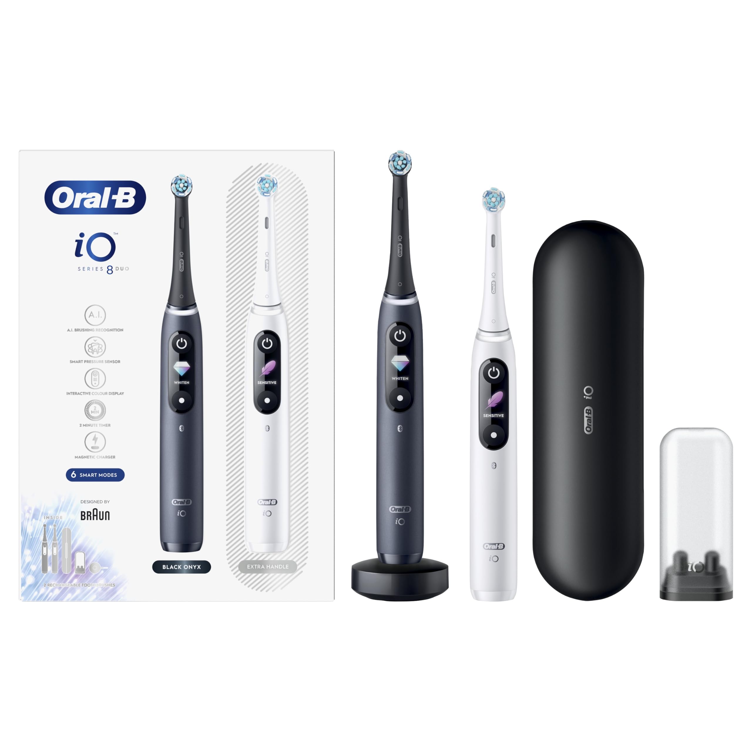Oral-B iO8 2x Electric Toothbrushes For Adults, Gifts For Women / Men, App Connected Handles, 2 Toothbrush Heads & Travel Toothbrush Set, 6 Modes, 2 Pin UK Plug, Black & White, Oral B IO Toothbrush