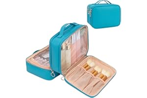 OCHEAL Makeup Bag, Double Layer Cosmetic Bag, Large Capacity New Look Clear Cosmetic Case for Women Travel Beauty Essentials, Multiple Compartments Makeup Case Organizer Zipper Pouch -Blue