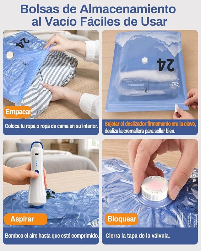 Paquete de 12 bolsas de almacenamiento al vacío (4 de 100 x 80 cm, 4 de 74 x 54 cm y 4 de 64 x 47 cm) con bomba eléctrica y doble cremallera, impermeables y herméticas.