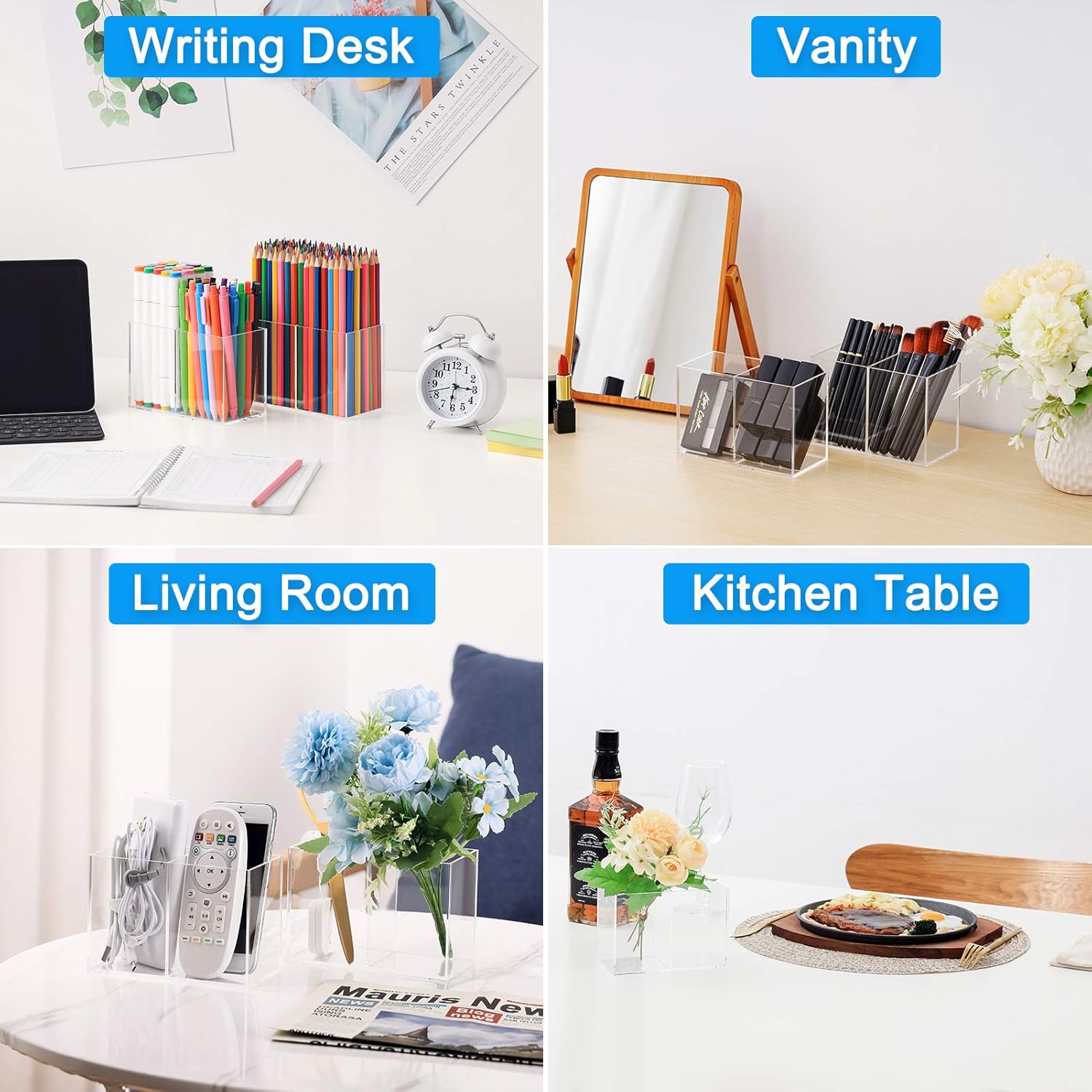 Vitviti Acrylic Pen Holder, Clear Desk Organizer, Pencil Cup Holder for Desk with 4 Compartments, Desktop Stationery Organizer for Home/Office Storage/School/Art Supply, Set of 2: Home Improvement