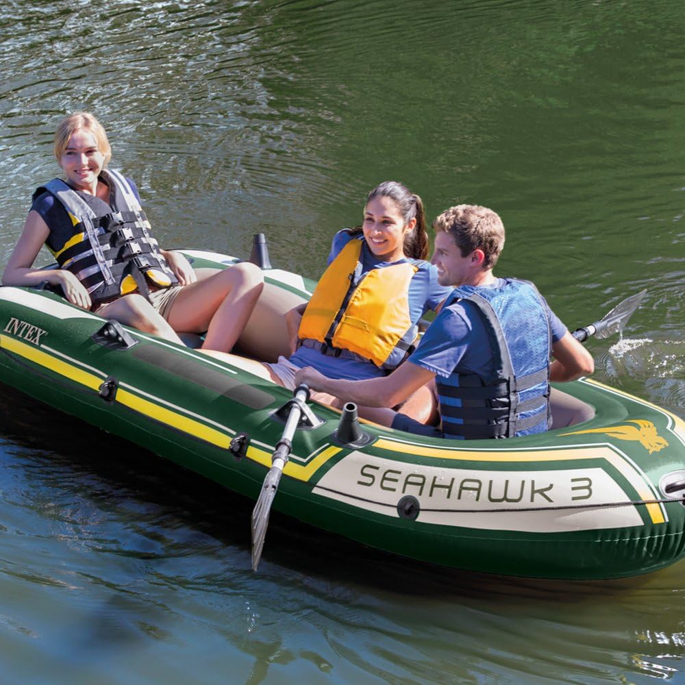Intex Water Sports + Intex Seahawk 3 Inflatable Dinghy man Boat with Oars Air Pump, Green, 295 x 137 43 cm UK - Image 5